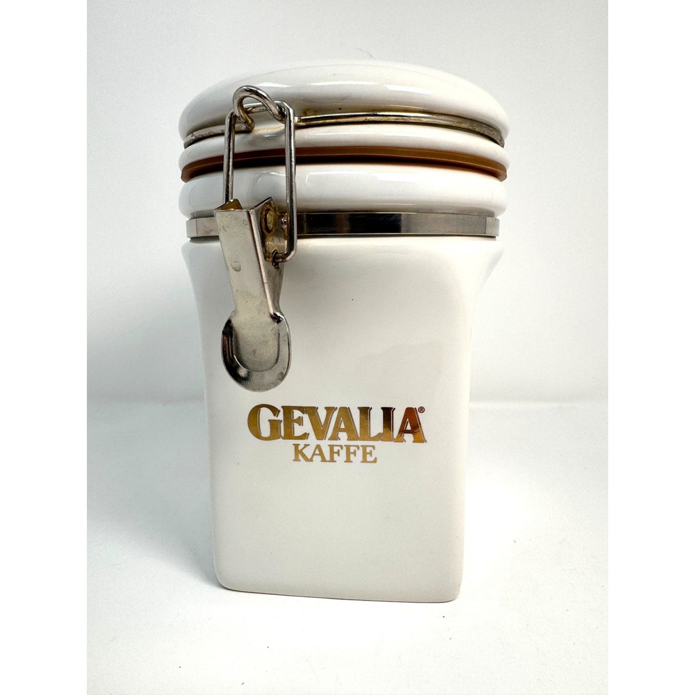 Gevalia Ceramic Coffee Canister White Gold Kaffe Logo Clamp Lid Kitchen Storage